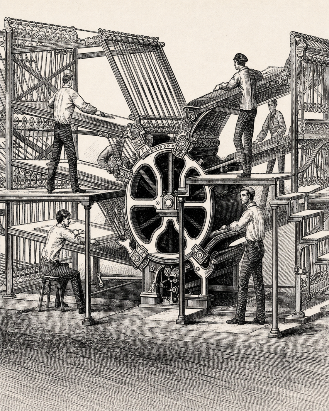Historische Druckmaschine mit Druckern bei der Arbeit