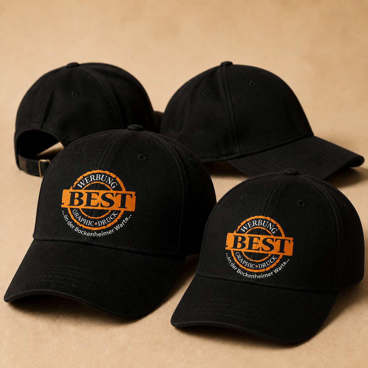 Bedruckte schwarze Caps mit BestGraphic Logo