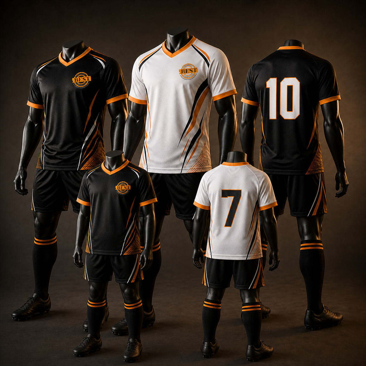 Sporttrikot-Kollektion für Erwachsene und Kinder mit Vorder- und Rückansichten sowie den Nummern 10 und 7
